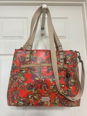 Sakroots Birds of Paradise Orange Multicolor Shoulder Tote w Adj Beige Straps